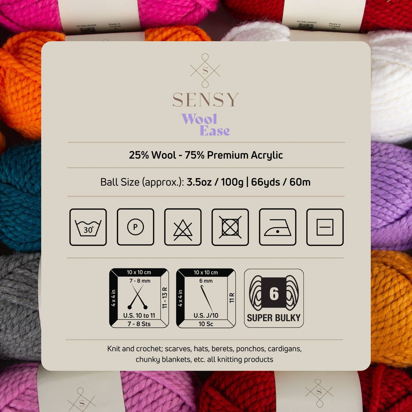 Sensy Wool Ease Yarn, 3.5 oz, 66 Yards, Gauge 6 Super Bulky