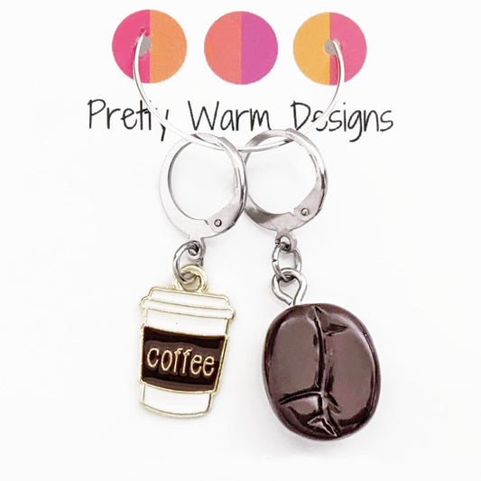 Coffee + Bean Locking Stitch Marker Duo, Crochet or Knitting