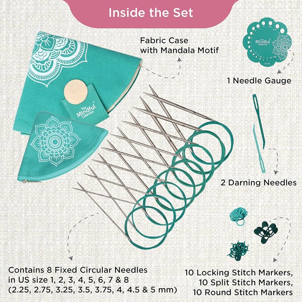 KnitPro/Knitter’s Pride The Mindful Collection Serenity Fixed Circular Needles Set 40" (100cm) | 8 US Sizes 1 to 8 (2.25mm to 5mm) with Accessories